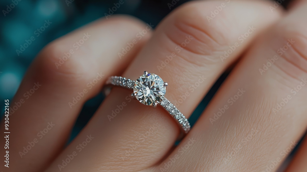 A close up of sparkling diamond engagement ring on hand, showcasing its brilliance and elegance. ring features round center stone and delicate band adorned with smaller diamonds, A close up of sparkling diamond engagement ring on hand, showcasing its brilliance and elegance. ring features round center stone and delicate band adorned with smaller diamonds,