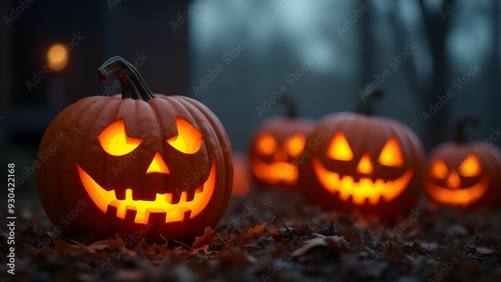 A group of glowing jack-o'-lanterns rests on autumn leaves in a misty Halloween scene A group of glowing jack-o'-lanterns rests on autumn leaves in a misty Halloween scene