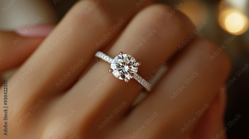 A close up of sparkling diamond engagement ring on hand, showcasing elegance and beauty. hand appears relaxed and ring shines brightly, evoking feelings of love and commitment. A close up of sparkling diamond engagement ring on hand, showcasing elegance and beauty. hand appears relaxed and ring shines brightly, evoking feelings of love and commitment.