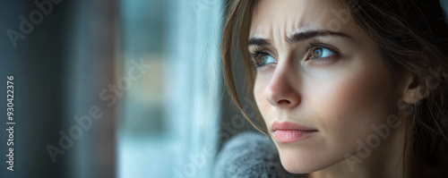 A contemplative young woman gazes thoughtfully out of window, her expression reflecting deep emotions. Her furrowed brow suggests introspection and concern.