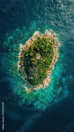 Aerial View of a Small Island in a Turquoise Sea.