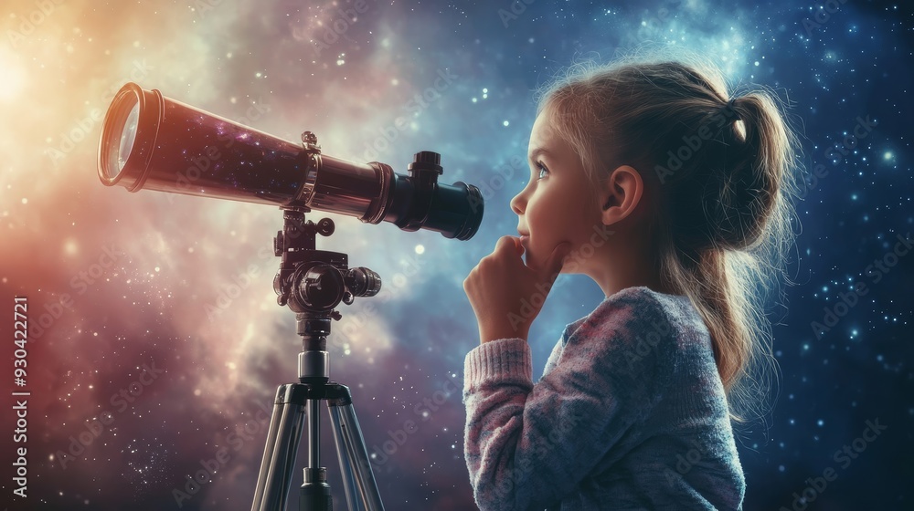 A young girl looking through a telescope at a starry night sky, dreaming of the future. A young girl looking through a telescope at a starry night sky, dreaming of the future.