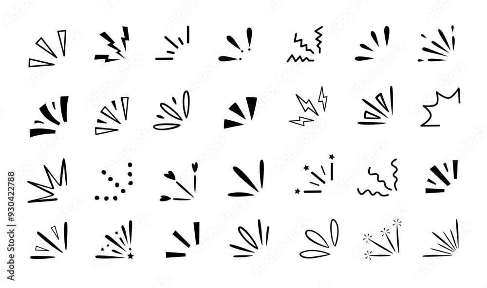 Doodle exclamation. Manga comic rays emotion expression, hand drawn sparkles splash and flash burst symbol. Decorative starburst lines and cartoon surprise 2D explosion bang effects vector set
