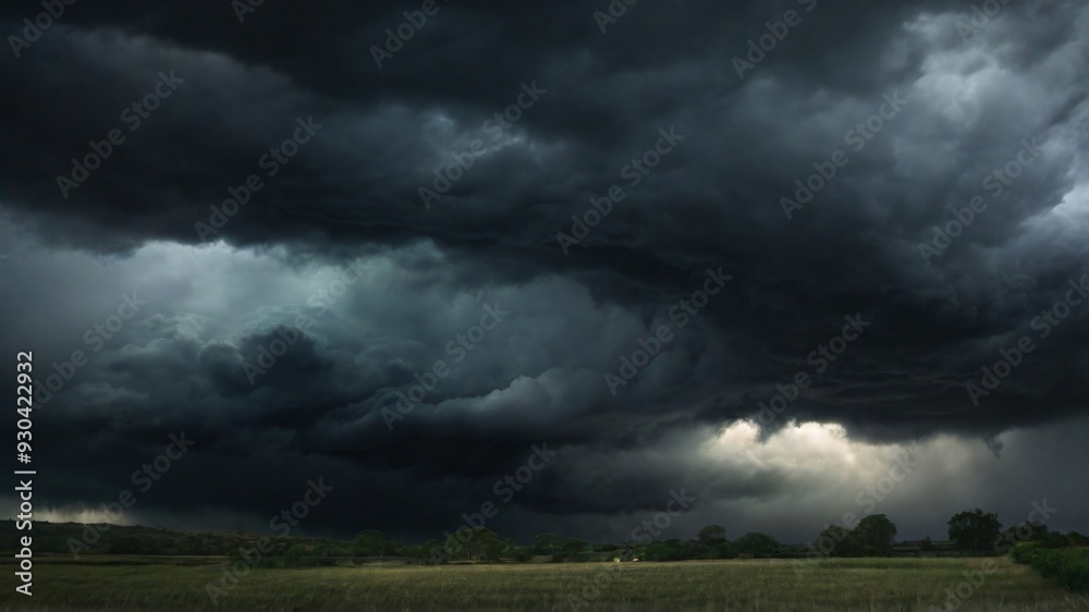 Scary and very dark lightning thunderstorm flash over the sky. Concept on topic weather, cataclysms hurricane, Typhoon, tornado, storm