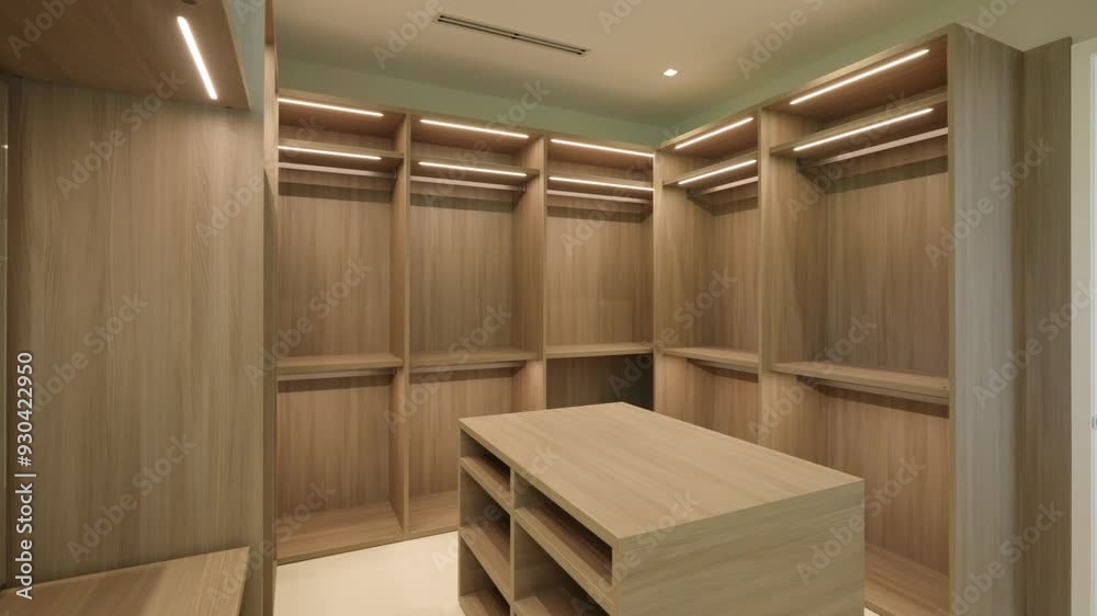 Empty walk-in closet with wooden cabinets with lots of open shelves for storing clothes and shoes. Additional space in apartments for allowing to free up space from garment Empty walk-in closet with wooden cabinets with lots of open shelves for storing clothes and shoes. Additional space in apartments for allowing to free up space from garment