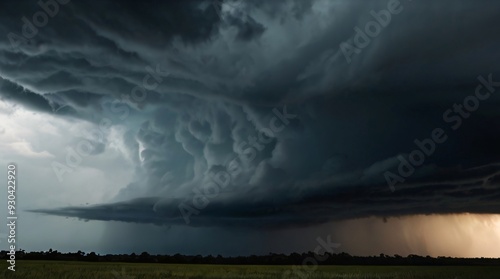 Scary and very dark lightning thunderstorm flash over the sky. Concept on topic weather, cataclysms hurricane, Typhoon, tornado, storm