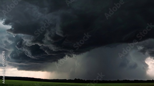Scary and very dark lightning thunderstorm flash over the sky. Concept on topic weather, cataclysms hurricane, Typhoon, tornado, storm
