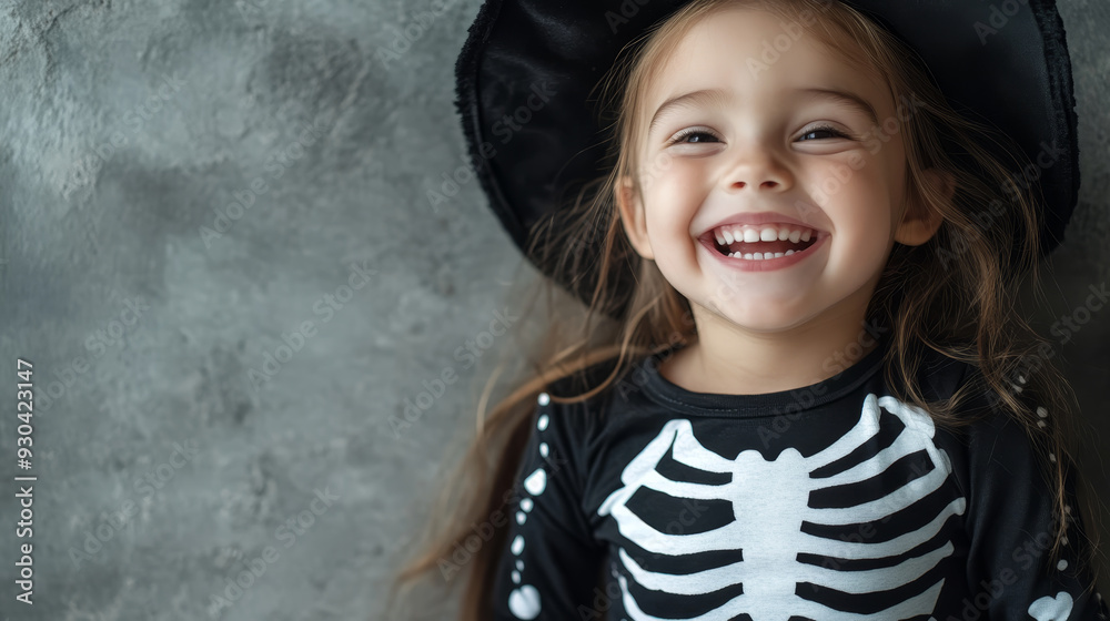 A joyful girl in skeleton costume and witch hat, smiling brightly. Her happiness radiates in playful Halloween spirit. A joyful girl in skeleton costume and witch hat, smiling brightly. Her happiness radiates in playful Halloween spirit.