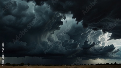 Scary and very dark lightning thunderstorm flash over the sky. Concept on topic weather, cataclysms hurricane, Typhoon, tornado, storm