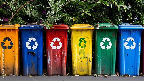 A row of recycling bins labeled for different materials like paper, plastic, and glass