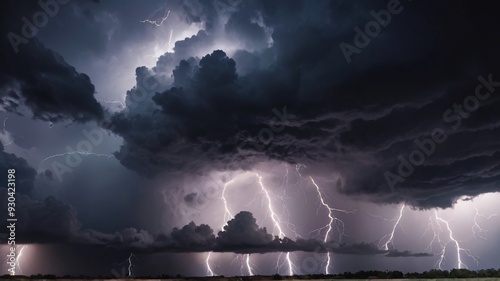 Scary and very dark lightning thunderstorm flash over the sky. Concept on topic weather, cataclysms hurricane, Typhoon, tornado, storm