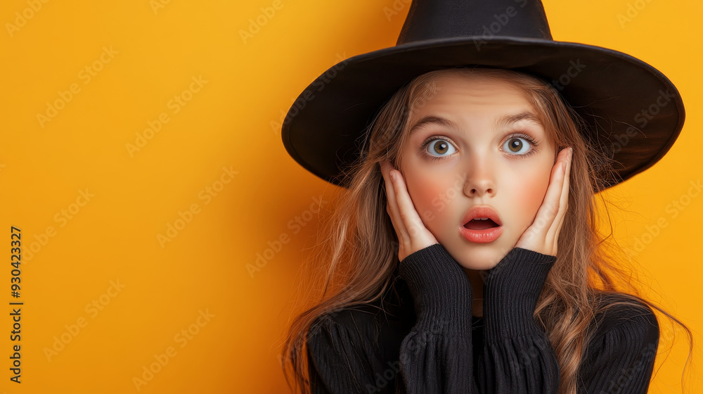 A surprised girl wearing witch hat expresses shock against bright yellow background. Her wide eyes and open mouth convey sense of wonder. A surprised girl wearing witch hat expresses shock against bright yellow background. Her wide eyes and open mouth convey sense of wonder.