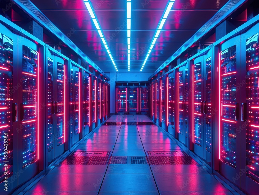 Fototapeta premium Futuristic data center featuring illuminated server racks with vibrant blue and pink lighting in a sleek, modern environment.