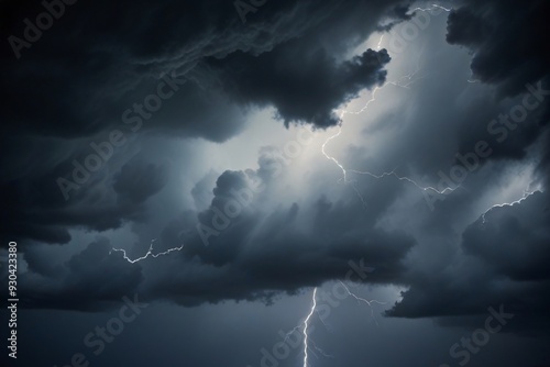 Scary and very dark lightning thunderstorm flash over the sky. Concept on topic weather, cataclysms hurricane, Typhoon, tornado, storm