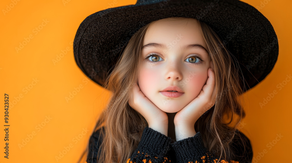 A young girl with long hair wearing black hat, looking thoughtfully at camera, with warm orange background. Her expression is curious and gentle. A young girl with long hair wearing black hat, looking thoughtfully at camera, with warm orange background. Her expression is curious and gentle.