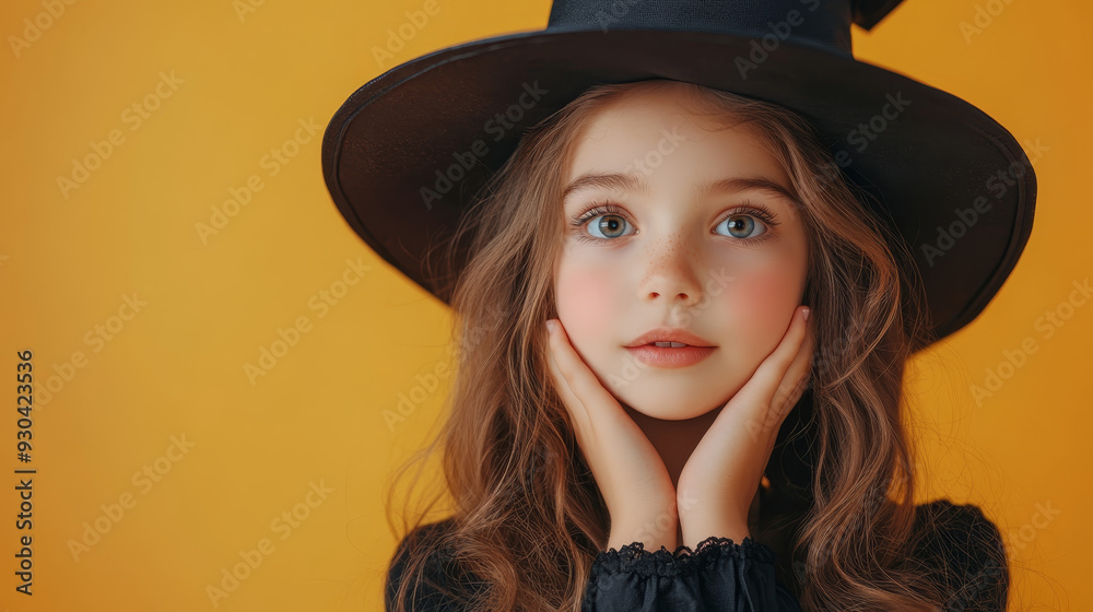 A young girl wearing witch hat looks thoughtfully at camera, her hands gently resting on her cheeks, conveying sense of wonder and curiosity. A young girl wearing witch hat looks thoughtfully at camera, her hands gently resting on her cheeks, conveying sense of wonder and curiosity.
