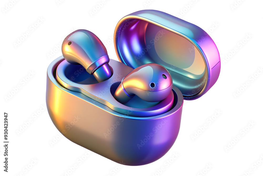 Fototapeta premium 3D Holographic Earbuds with Glowing Case on Glossy White Surface - Stylish Wireless Audio Technology Concept with Copy Space