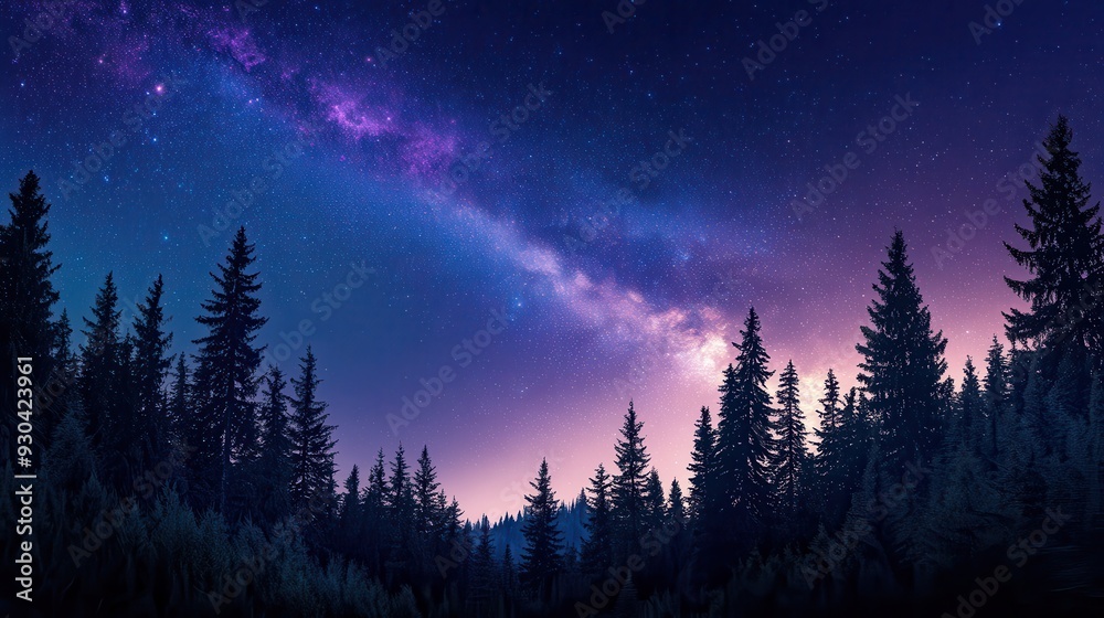 A serene night sky over a forest, showcasing stars and the Milky Way. A serene night sky over a forest, showcasing stars and the Milky Way.