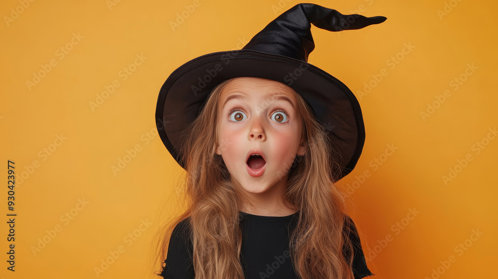 A surprised girl wearing witch hat with wide eyes and an open mouth, expressing excitement and wonder. A surprised girl wearing witch hat with wide eyes and an open mouth, expressing excitement and wonder.