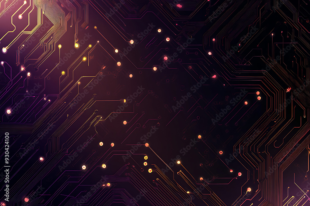 Fototapeta premium Abstract image of a circuit board with glowing lines and nodes on a pink gradient background. The intricate network of connections creates a modern, tech-inspired visual. Copy space available