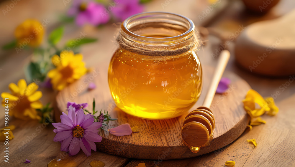 Natural organic honey in glass jar. Natural food background. Natural organic honey in glass jar. Natural food background.