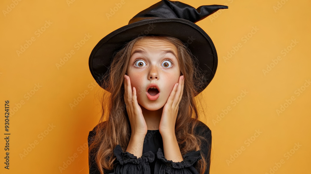 A surprised girl wearing witch hat with wide eyes and an open mouth, expressing shock or excitement. A surprised girl wearing witch hat with wide eyes and an open mouth, expressing shock or excitement.
