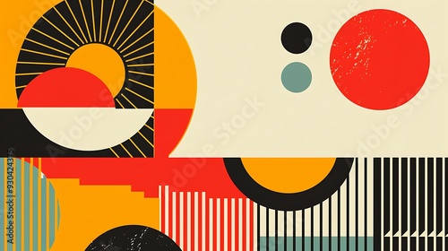 Abstract retro minimal summer brutalist horizontal banner. Swiss naive aesthetic brutal geometric sun. Summertime seasonal party bauhaus pattern graphic design