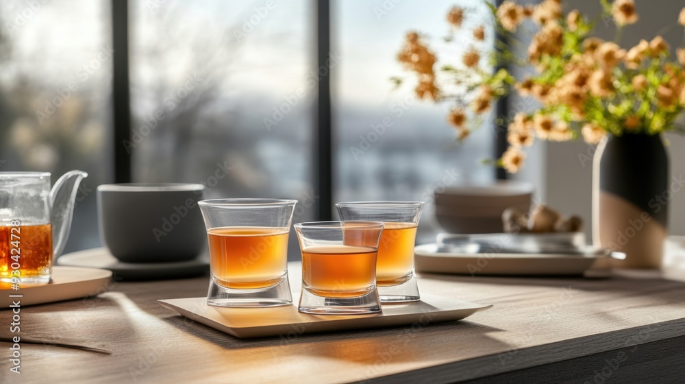 A table with a vase of flowers and three glasses of tea A table with a vase of flowers and three glasses of tea