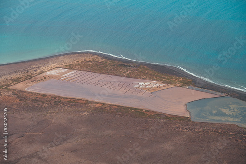 Sea salt distillery in Lanzarote. Lanzarote landscape from above. Beautiful landscape with ocean in Lanzarote. Sea salt