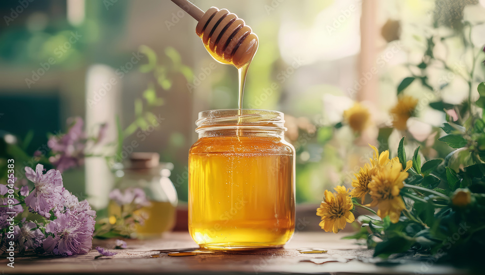 Natural organic honey in glass jar. Natural food background. Natural organic honey in glass jar. Natural food background.