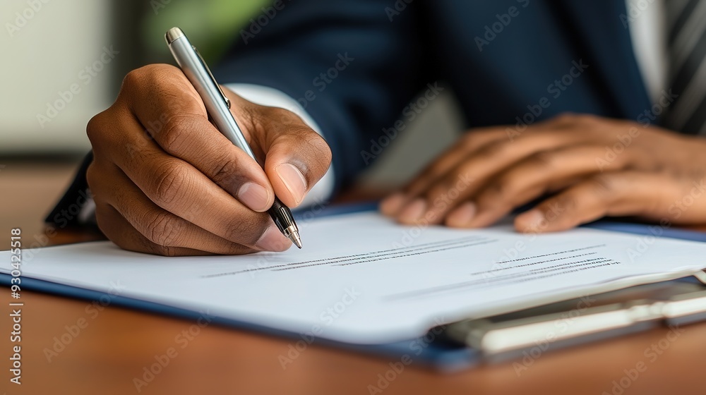 A close-up of a business professional hand signing a contract, with other documents in the background A close-up of a business professional hand signing a contract, with other documents in the background
