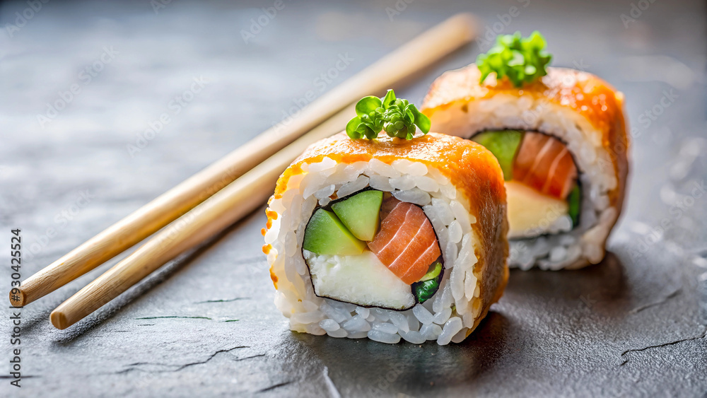 Minimalist stock photo featuring sushi rolls with salmon, cream cheese and avocado symmetrically placed with chopsticks — ideal for food blogs, emphasizing freshness and authentic japanese cuisine. Minimalist stock photo featuring sushi rolls with salmon, cream cheese and avocado symmetrically placed with chopsticks — ideal for food blogs, emphasizing freshness and authentic japanese cuisine.