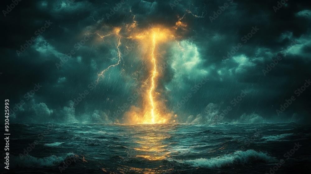 Fototapeta premium Massive ocean explosion with glowing lightning energy