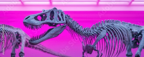 Haunted dinosaur museum with skeletons coming to life under eerie purple light, spooky Halloween, dinosaur horror