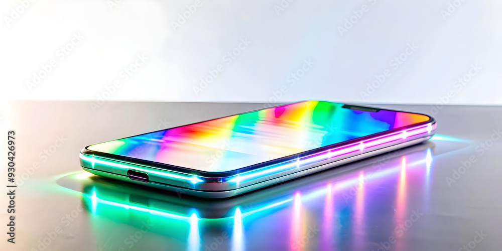 Sleek 3D Holographic Smartphone with Glowing Edges on Glossy Surface - Cutting Edge Technology Concept on Isolated White Background Sleek 3D Holographic Smartphone with Glowing Edges on Glossy Surface - Cutting Edge Technology Concept on Isolated White Background