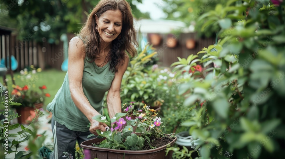 Happy Mature Woman Gardening in Backyard - Promoting Outdoor Lifestyle and Wellness Products Happy Mature Woman Gardening in Backyard - Promoting Outdoor Lifestyle and Wellness Products