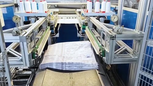 Production of cotton fabric:  machines skillfully fold pillowcases, with blue floral pattern.