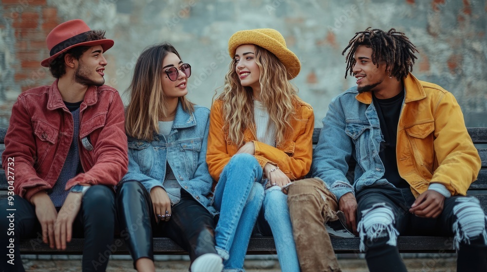 Group of Trendy Friends Chatting on an Outdoor Bench in Urban Setting Group of Trendy Friends Chatting on an Outdoor Bench in Urban Setting