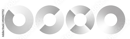 Round geometric stripes. Abstract circular gradient line art, minimalist zen pattern circles and radial movement speed lines. Rotation effect vector set.