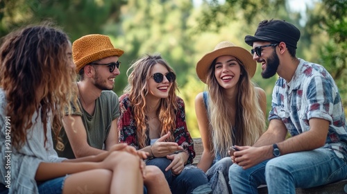 Group of Trendy Friends Chatting on an Outdoor Bench in Urban Setting