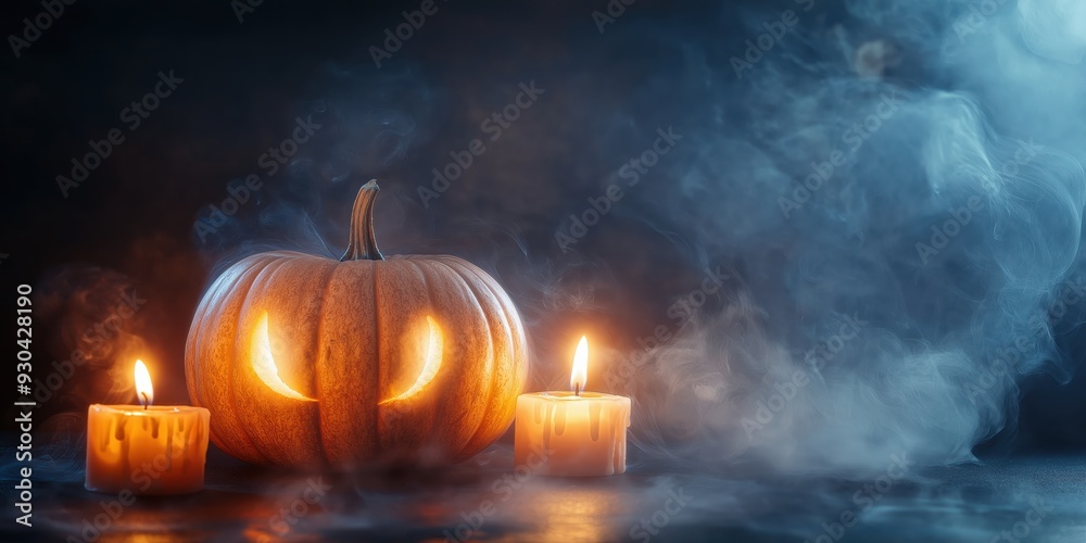 Naklejka premium Spooky Halloween Pumpkin with Candles created by ai