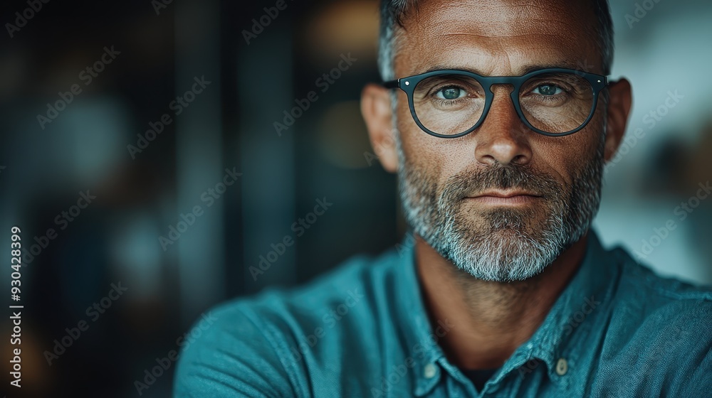 A man with a beard and glasses, wearing a blue shirt, stares seriously into the camera, exuding authority and introspection perfect for portraying leadership qualities. A man with a beard and glasses, wearing a blue shirt, stares seriously into the camera, exuding authority and introspection perfect for portraying leadership qualities.
