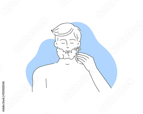 Young man with foam on face shaving with razor to keep skin smooth vector illustration