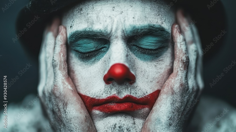 A sad-looking clown with theatrical white makeup, a red nose, and closed eyes, conveys a sense of melancholy and introspection in this captivating portrait. A sad-looking clown with theatrical white makeup, a red nose, and closed eyes, conveys a sense of melancholy and introspection in this captivating portrait.