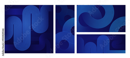 Geometric stripe line shape backgrounds. Abstract dimensional banner wallpapers, rounded curve loop waves and striped pattern flow vector set.