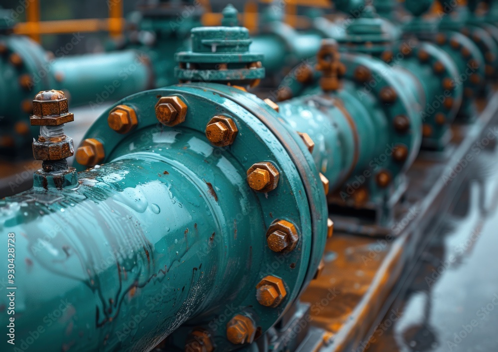 A row of industrial pipes with bolts and nuts A row of industrial pipes with bolts and nuts