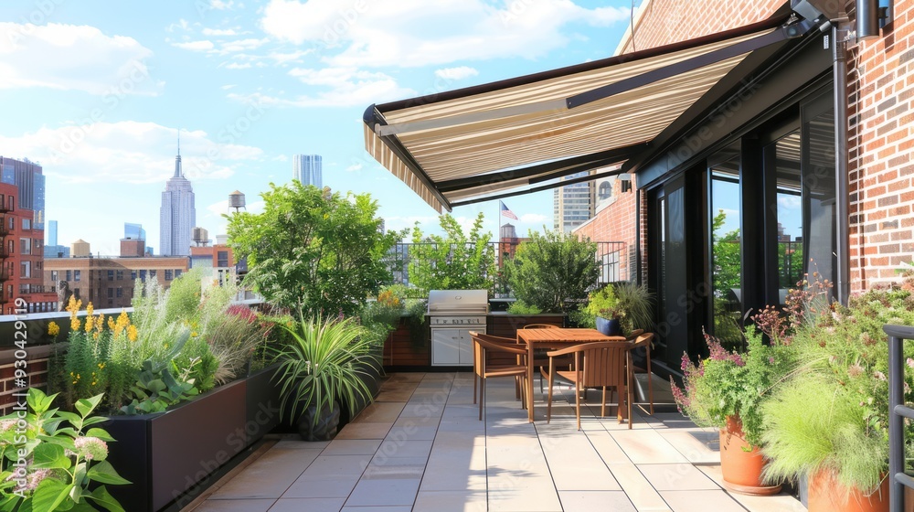 A rooftop terrace with a smart irrigation system keeping the plants healthy and a retractable awning automatically adjusting for sun or shade. A rooftop terrace with a smart irrigation system keeping the plants healthy and a retractable awning automatically adjusting for sun or shade.