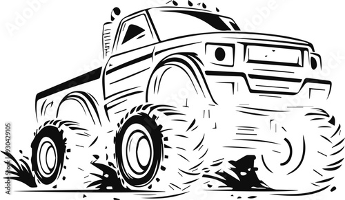 A cartoon truck with big tires is driving through mud