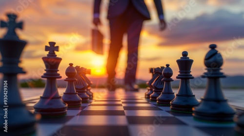 A man is walking across a chess board with a briefcase in his hand photo