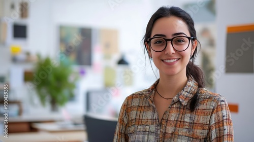 Cheerful Female Designer at Her Workstation in Office